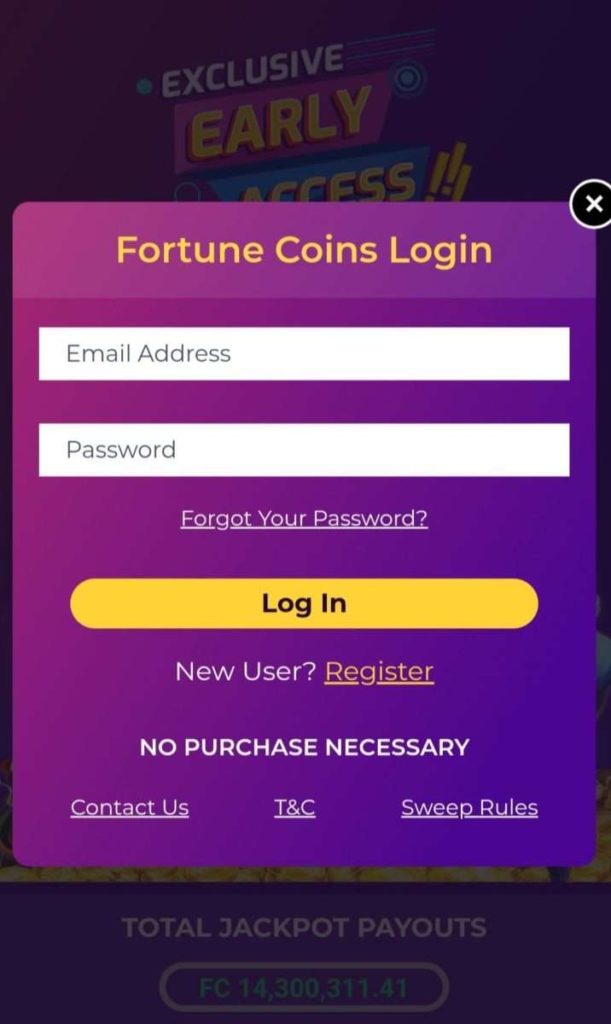 Fortune coins registration step 1