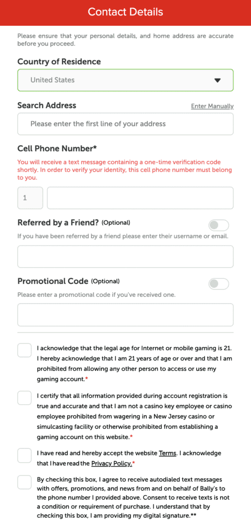 Bally NJ sign up step 3