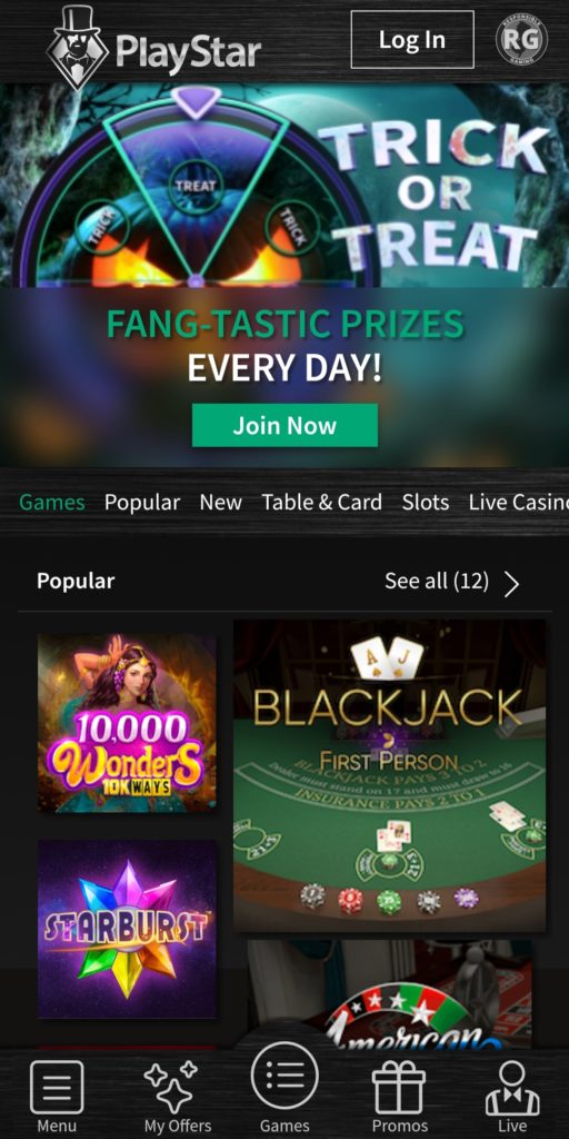 PlayStar Casino NJ mobile homepage