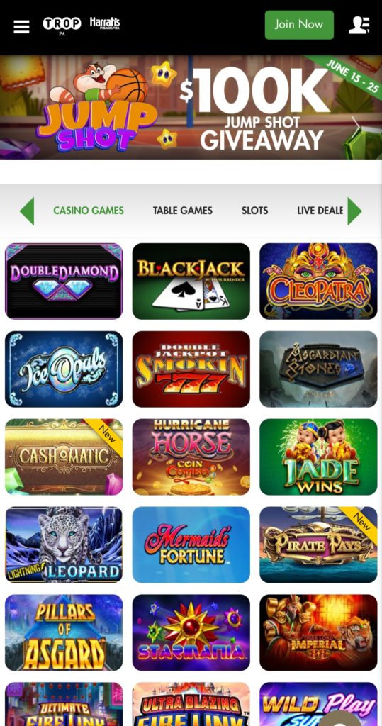 Tropicana Mobile Casino App Homepage