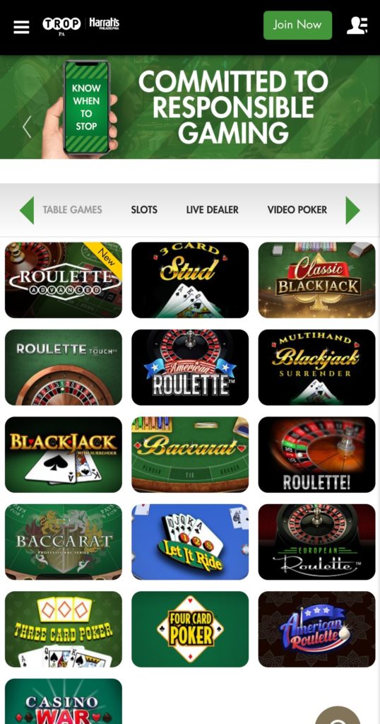 Tropicana PA Casino App Lobby