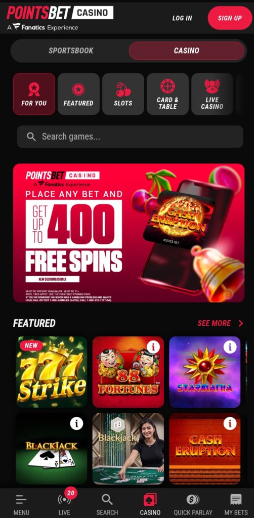 PointsBet Casino A Fanatics Experience App Homepage