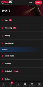 PointsBet-Fanatics Sportsbook App Menu